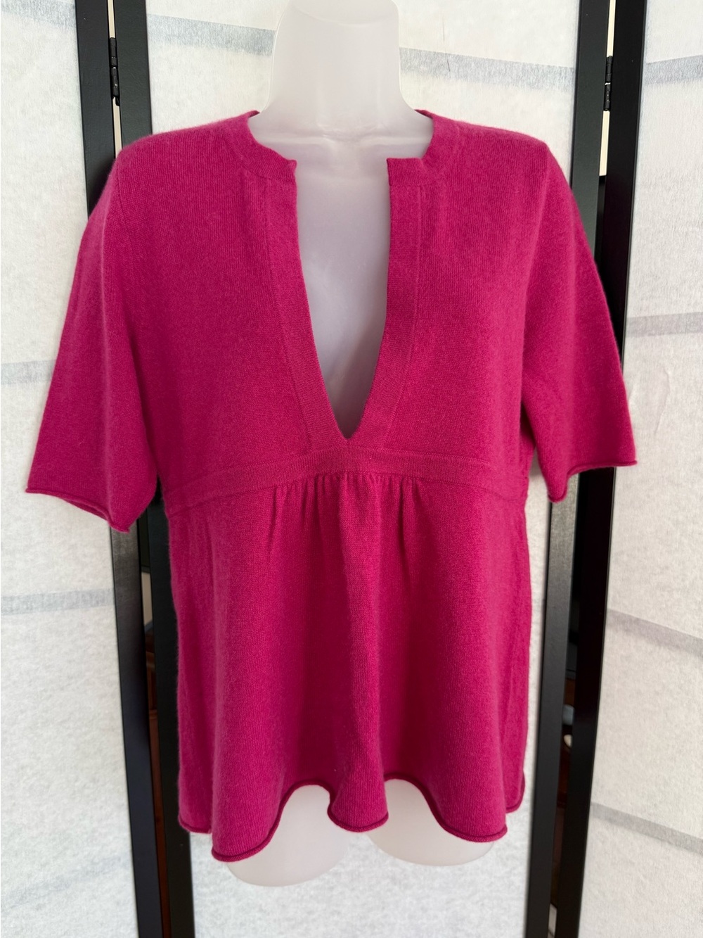 J.Crew Factory 100% Cashmere Fuchsia Pink Babydoll Deep V Sweater M